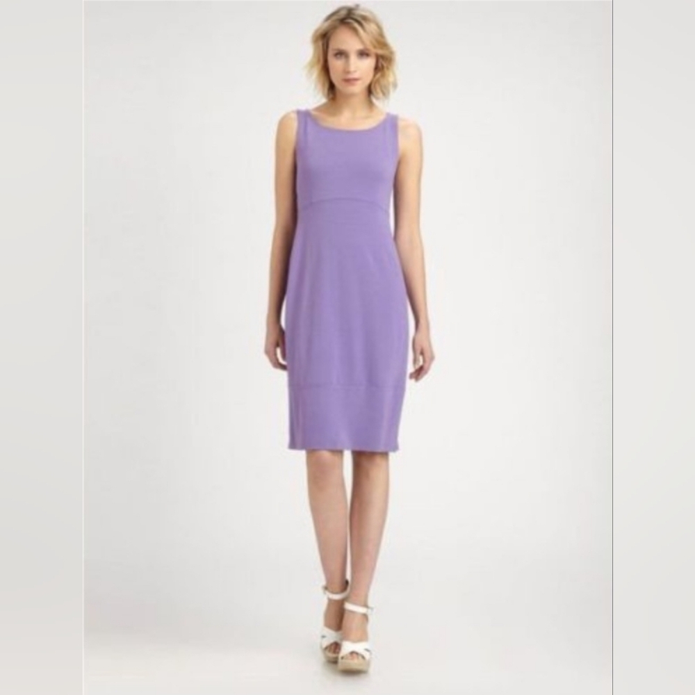 EILEEN FISHER Mulberry Purple Jersey Knit Wide Boat Neck Oval Cutout Dress M Med